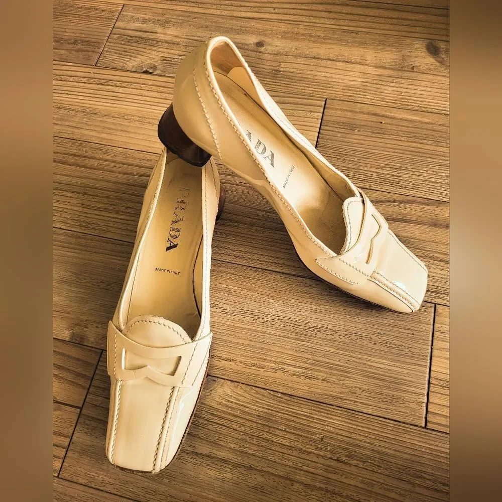 Vintage Prada Ivory Patent Leather Square-Toe Loafers Size 37